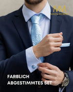 Massi Morino Krawatte mit Einstecktuch Set Herren inkl. Manschettenknöpfe, Krawattennadel und Geschenkbox - Männer Krawattenset zur Hochzeit