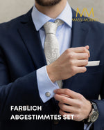 Massi Morino Krawatte mit Einstecktuch Set Herren inkl. Manschettenknöpfe, Krawattennadel und Geschenkbox - Männer Krawattenset zur Hochzeit