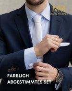 Massi Morino Krawatte mit Einstecktuch Set Herren inkl. Manschettenknöpfe, Krawattennadel und Geschenkbox - Männer Krawattenset zur Hochzeit