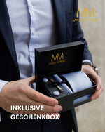 Massi Morino Krawatte mit Einstecktuch Set Herren inkl. Manschettenknöpfe, Krawattennadel und Geschenkbox - Männer Krawattenset zur Hochzeit
