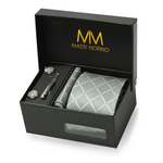 Massi Morino Krawatte mit Einstecktuch Set Herren inkl. Manschettenknöpfe, Krawattennadel und Geschenkbox - Männer Krawattenset zur Hochzeit