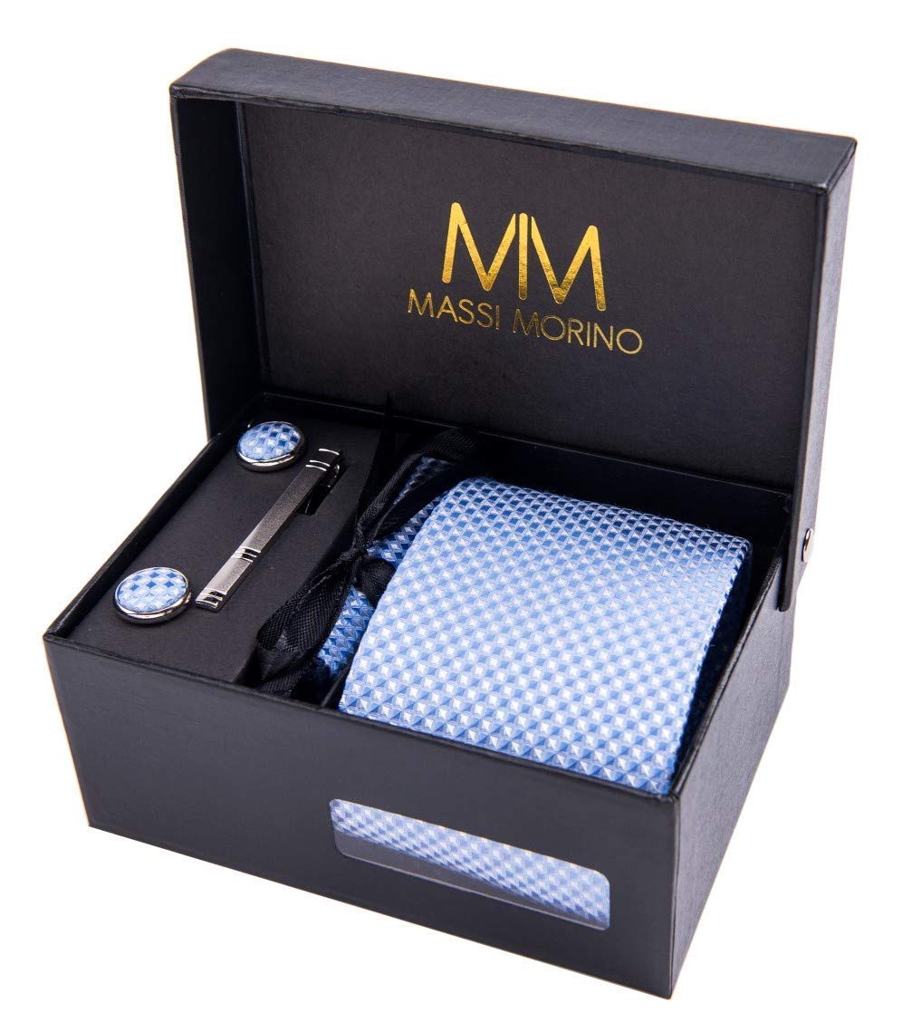 Massi Morino Krawatte mit Einstecktuch Set Herren inkl. Manschettenknöpfe, Krawattennadel und Geschenk Box