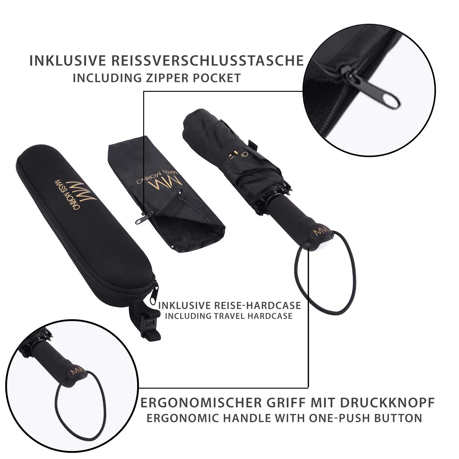 Massi Morino® Regenschirm mit Auf-Zu-Funktion - Mini Taschenschirm