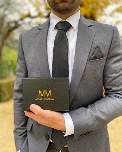 Massi Morino Krawatte mit Einstecktuch Set Herren inkl. Manschettenknöpfe, Krawattennadel und Geschenk Box